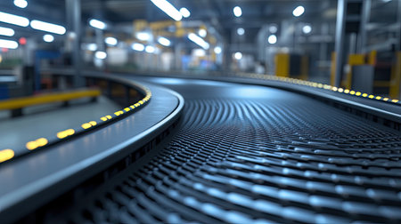 Modern conveyor belt with automated controls, part of high-tech factory equipment.の素材