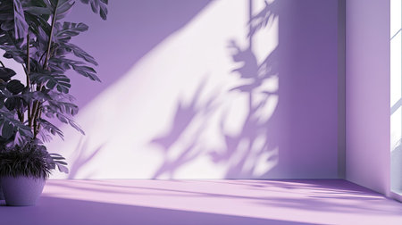 Modern studio background in white and purple with leaf shadows, perfect for showcasing minimalist products.の素材