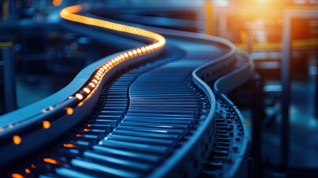 Modern conveyor belt in a brightly lit factory, emphasizing precision engineering.の素材