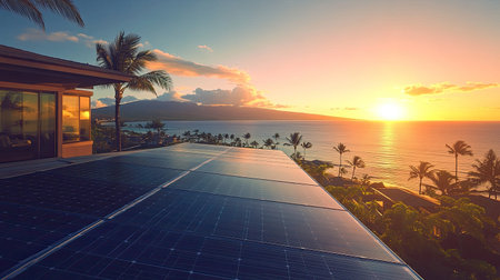 Photovoltaic rooftop on a hotel, with solar panels glistening under the island sun.の素材