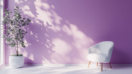 White and purple wall interior, with soft leaf shadows providing a stylish and serene studio setting.の素材