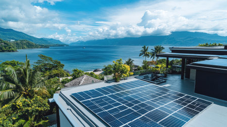 Photovoltaic system on a hotel rooftop, surrounded by island views, focusing on renewable energy.の素材
