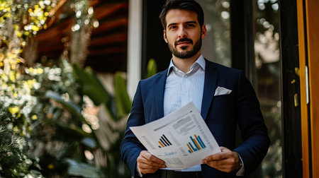 A businessman holding a report on stock market trends, planning for business success in 2025.の素材
