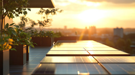 Photovoltaic rooftop on a hotel, with panels collecting sunlight for eco-friendly energy.の素材