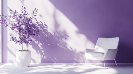 White and purple wall interior, featuring soft leaf shadows for a stylish and serene look.の素材