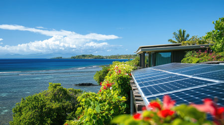 Photovoltaic panels on a hotel's roof, providing renewable energy on an island.の素材