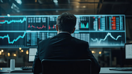 A businessman calculating stock market data, strategizing for successful investments and growth in 2025.の素材