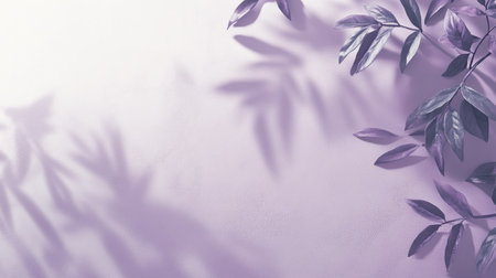 White and purple wall background with delicate leaf shadows, perfect for showcasing elegant products.の素材