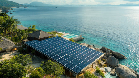 Photovoltaic rooftop system on an island hotel, capturing solar energy for eco-friendly electricity.の素材