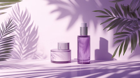 White and purple backdrop with subtle leaf shadows, creating a clean and chic setting for showcasing products.の素材