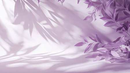 White and purple studio backdrop with subtle leaf shadows, perfect for showcasing beauty and skincare products.の素材