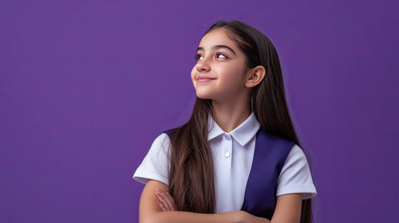Daydreaming Latin girl in school uniform, smiling and looking to the side. Perfect for showcasing school-related products. Lilac violet background.の素材
