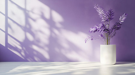 White and purple wall interior, featuring soft leaf shadows for a stylish and serene look.の素材