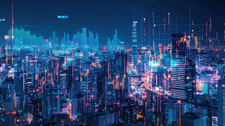 Digital financial charts overlaying a bustling urban skyline, symbolizing the relationship between stock market and city life.の素材