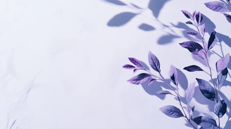 White and purple studio backdrop with subtle leaf shadows, perfect for showcasing beauty and skincare products.の素材