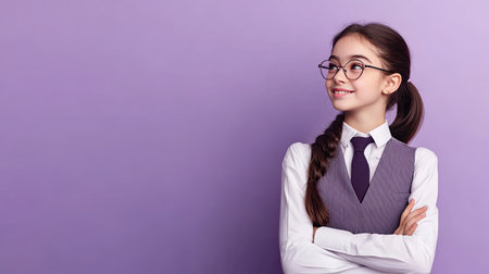 Daydreaming Latin schoolgirl in uniform, smiling and looking to the side. Ideal for advertising school-related products. Lilac violet background.の素材