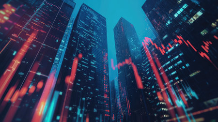 Digital financial graphs overlaying skyscrapers, symbolizing the stock market's role in shaping modern urban areas.の素材