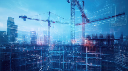 Digital tech and construction cranes in double exposure, symbolizing tech-driven engineering innovation. No city backdrop.の素材