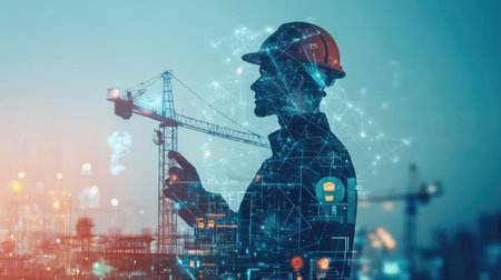 Double exposure image: Engineer interacting with digital interface icons and construction cranes, representing tech integration in construction.の素材