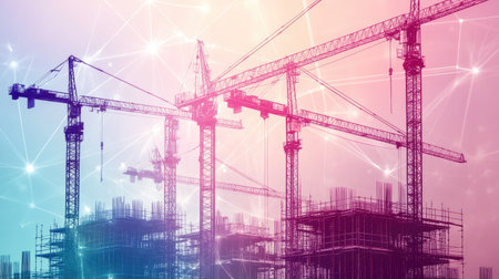Digital icons overlay construction cranes in double exposure, illustrating the intersection of tech and engineering.の素材