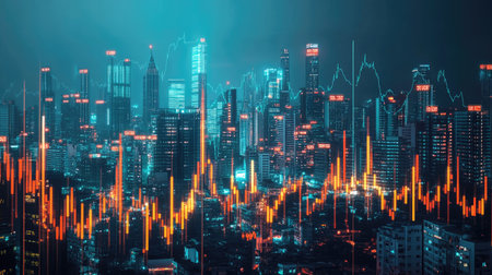 Digital indicators and a modern city skyline combined, representing the impact of stock market trends on urban development.の素材