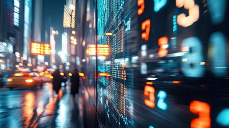 Digital indicators merge with a bustling urban area, highlighting the stock market's influence on modern city life.の素材