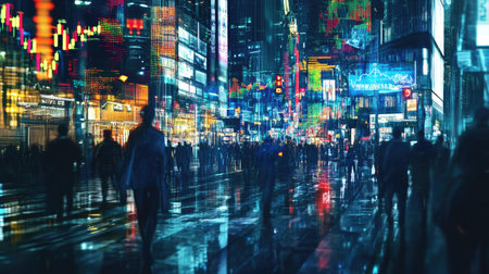 Digital indicators and a bustling cityscape merge, representing the stock market's influence on modern urban environments.の素材