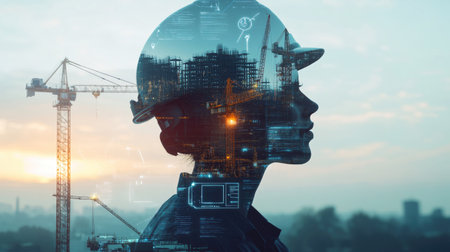 Double exposure of engineer using digital technology interface icons overlayed with construction cranes, symbolizing innovation in construction. No city background.の素材
