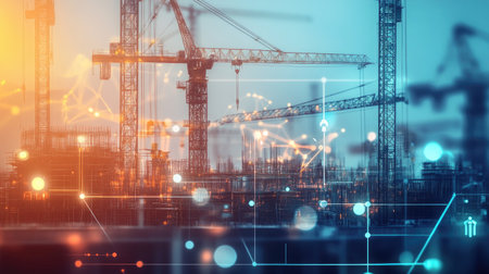 Digital interface icons blend with cranes in double exposure, illustrating technological advancements in construction.の素材