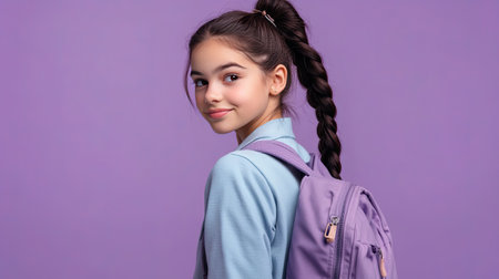 Dreamy Latin schoolgirl, gazing away with a soft smile, wearing a uniform and backpack. Perfect for educational and advertising content. Lilac violet background.の素材