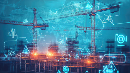 Double exposure: Construction cranes and digital tech icons, highlighting tech-enhanced engineering practices.の素材