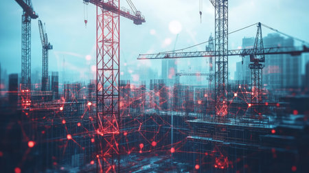 Double exposure: Construction cranes and digital technology icons, symbolizing smart engineering and modern construction.の素材