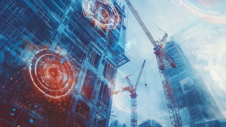 Double exposure of digital icons and construction cranes, showcasing the integration of technology in engineering.の素材