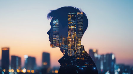 Double exposure of a young businessman's silhouette and a city skyline at night, reflecting corporate life and career aspirations.の素材