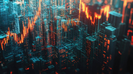 Digital indicators and a bustling cityscape merge, representing the stock market's influence on modern urban environments.の素材