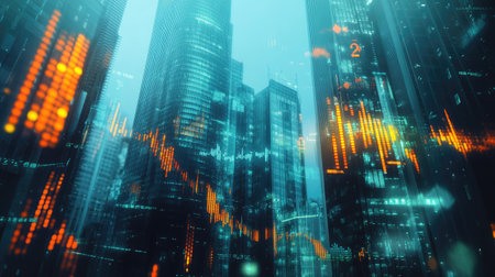 Double exposure of financial graphs and skyscrapers, blending digital indicators with a modern urban landscape, symbolizing the stock market business concept.の素材