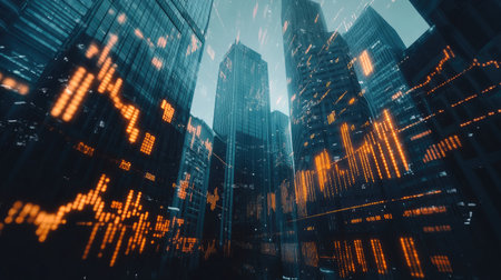 Double exposure of skyscrapers and financial data, symbolizing the stock market's impact on urban areas and business growth.の素材
