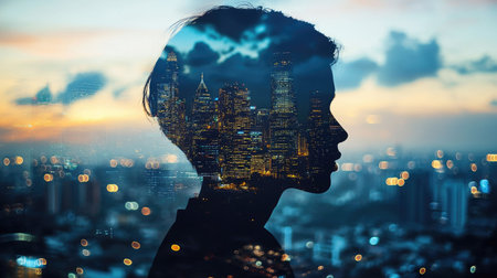 Double exposure of a young professional's silhouette and a bustling night city, illustrating the drive for career growth.の素材