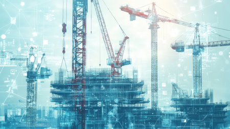Digital tech meets construction: Double exposure of interface icons and cranes, highlighting modern engineering. No urban backdrop.の素材