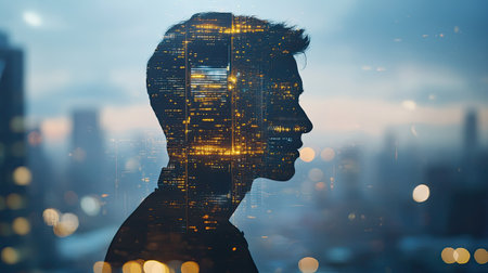 Double exposure of a young businessman's silhouette and a glowing night cityscape, highlighting the journey of career building.の素材