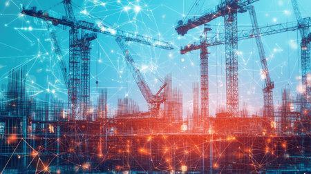 Double exposure of construction cranes and digital technology icons, representing the future of engineering.の素材