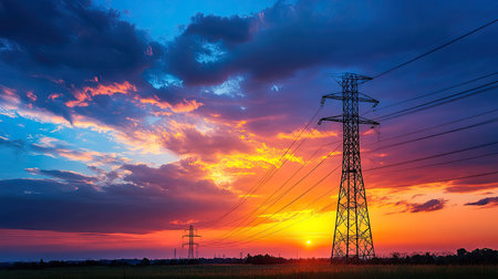 Dramatic sunset with colorful clouds and the silhouette of a power transmission tower. A scene of energy and natural beauty.の素材