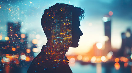 Double exposure of a young businessman's silhouette and a sparkling night city, illustrating the path to professional achievement.の素材