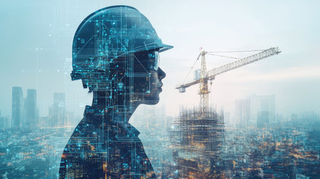 Double exposure of engineer using digital technology interface icons overlayed with construction cranes, symbolizing innovation in construction. No city background.の素材