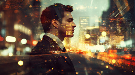 Double exposure of a young businessman and a bustling night city, illustrating the drive for corporate achievement.の素材