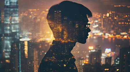 Double exposure of a young professional's silhouette and a city skyline at night, highlighting the pursuit of corporate success.の素材
