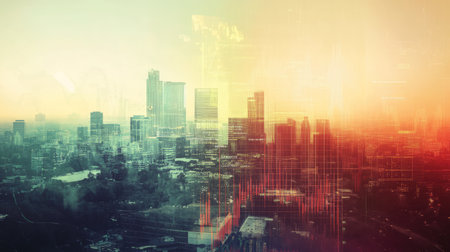 Double exposure of financial indicators and a skyline, depicting the interrelation between stock market business and urban growth.の素材