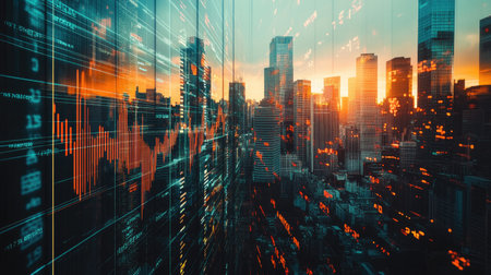 Double exposure of skyscrapers and financial graphs, depicting the connection between stock market and urban growth.の素材
