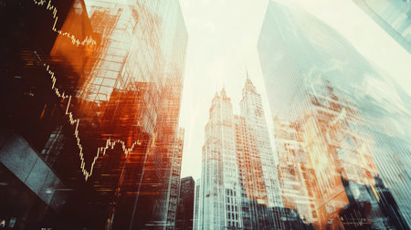 Double exposure of urban skyscrapers and financial graphs, illustrating the synergy between stock market activities and city life.の素材