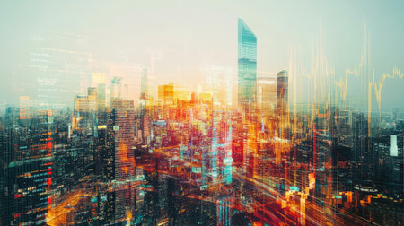 Double exposure of financial graphs and a vibrant cityscape, illustrating the stock market's influence on urban growth.の素材